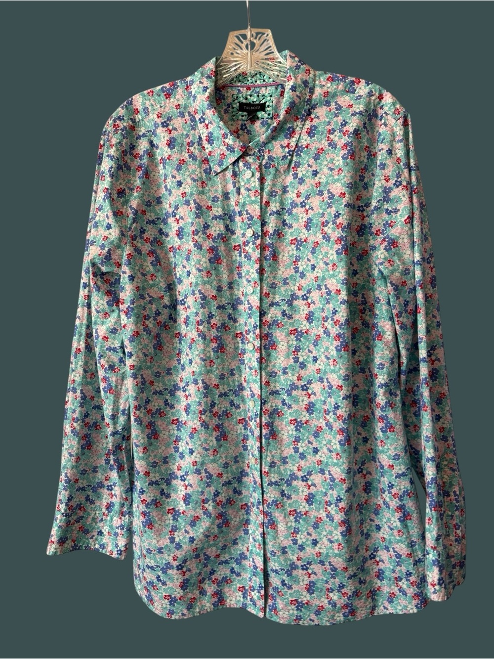 Talbots Mint Floral Button-Front Shirt with Pink & Blue Blooms
